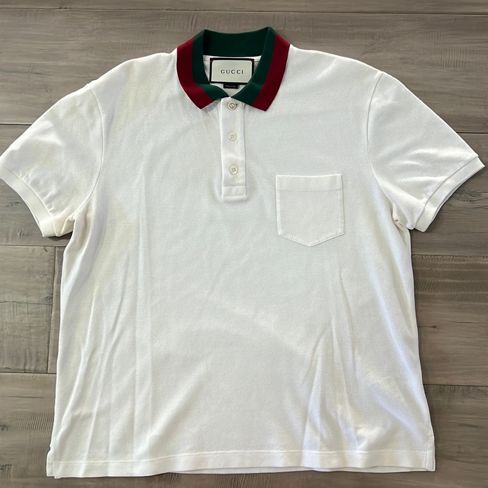White Gucci Polo with red and green gucci print collar. Size XL